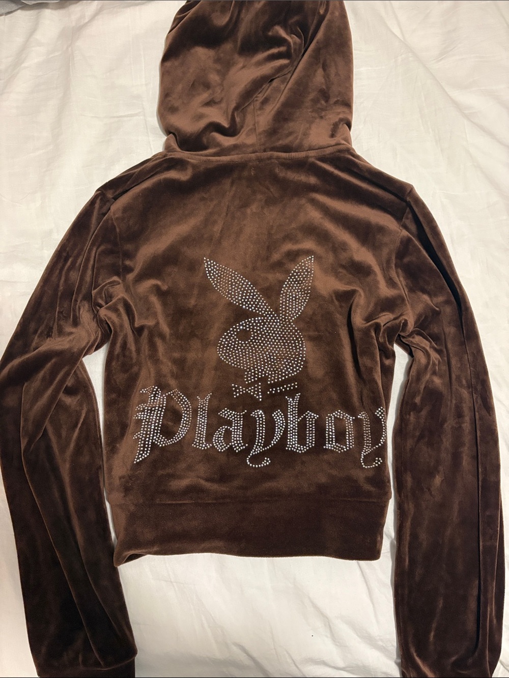 PLAYBOY Brown Velour Zip Hoodie with Embroidered Bunny